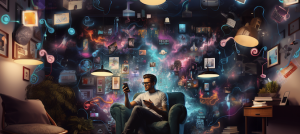 A man sitting in his living room and looking at his phone, a lot of colors and icons around hime